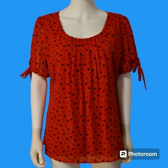 Sara Michelle Tops - SARA MICHELLE Tomato Red Hearts Pintucked Bow Sleeve Coquette Valentine's Blouse
